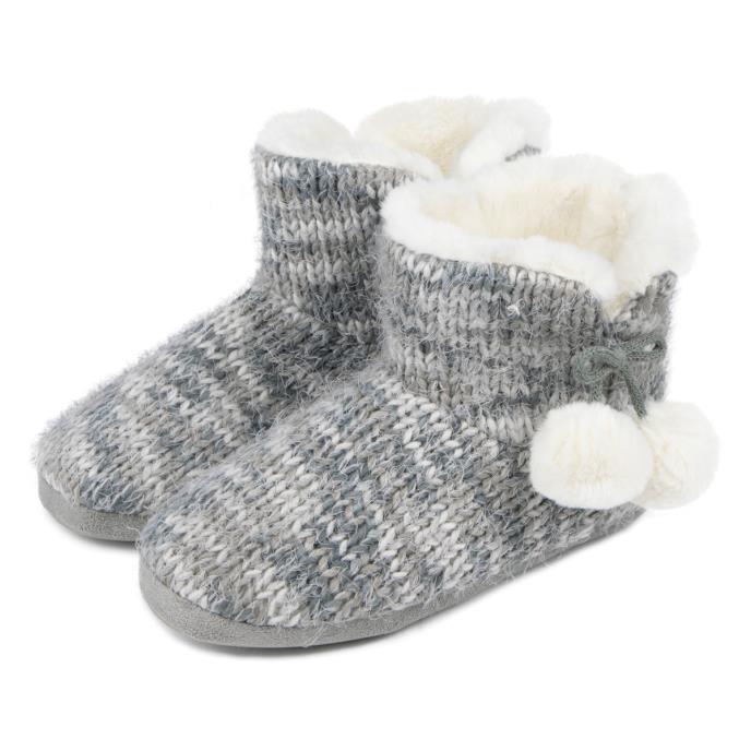 totes Ladies Knitted Boot Slippers With Pom Pom Grey Extra Image 2